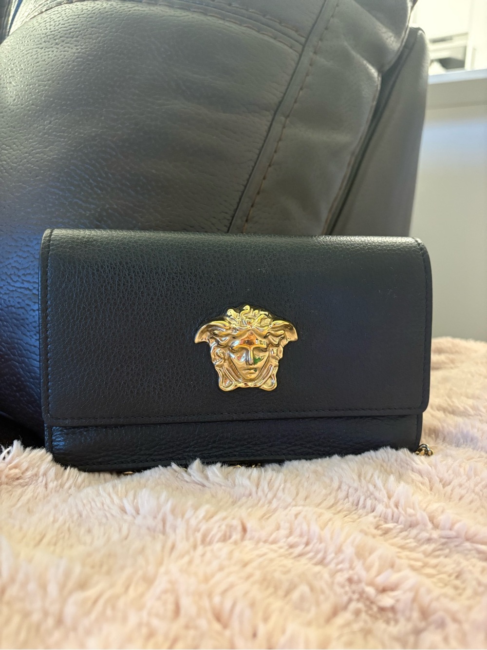 Versace Black Leather Crossbody with Gold Medusa Emblem